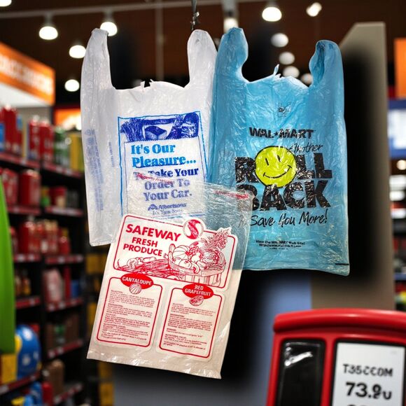 Lot 3 Vintage Supermarket Plastic Bags Walmart Safeway Albertsons Retro - Picture 1 of 16